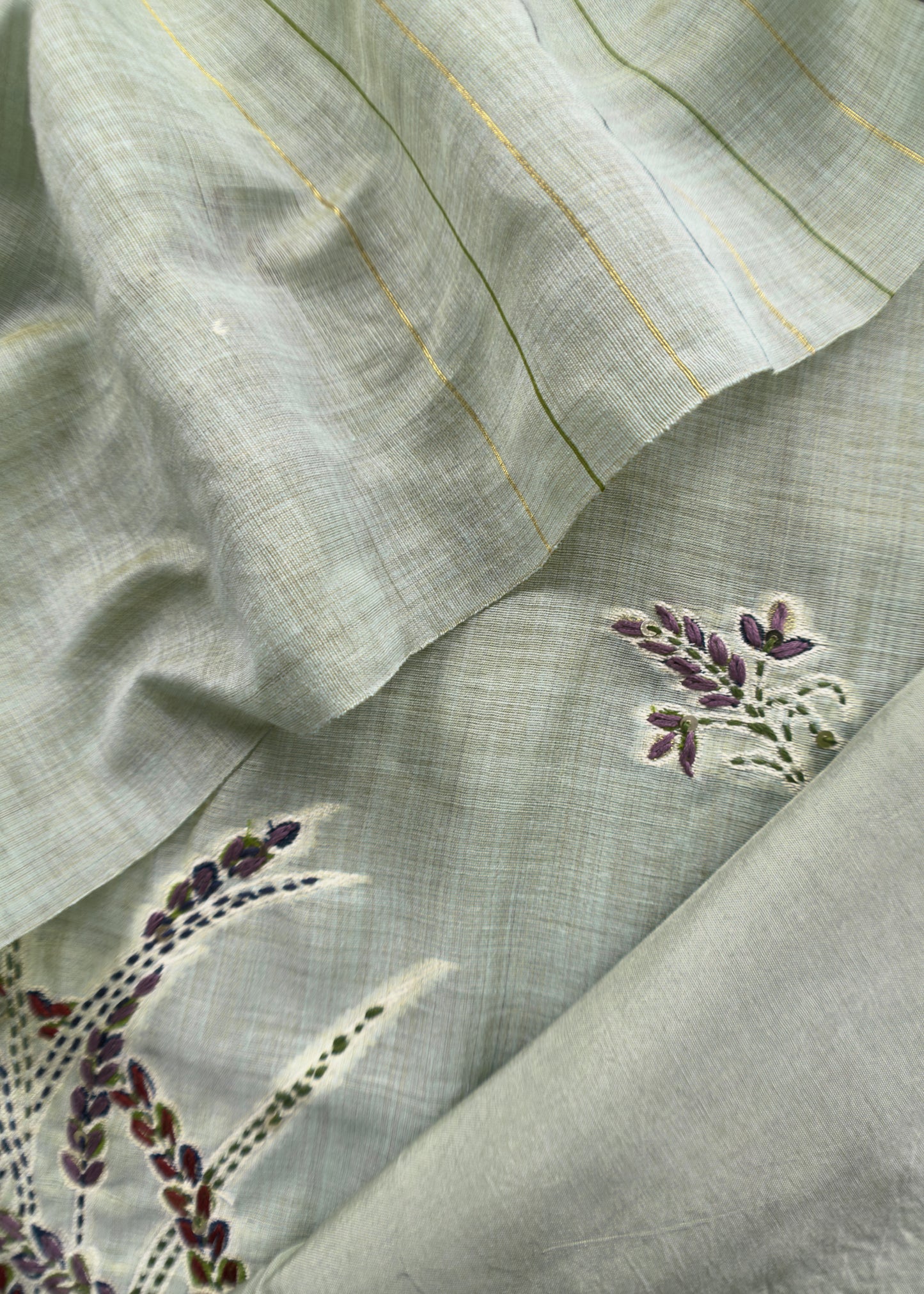 Green Jamdani Suit With Hand Kantha Embroidery And French Knots