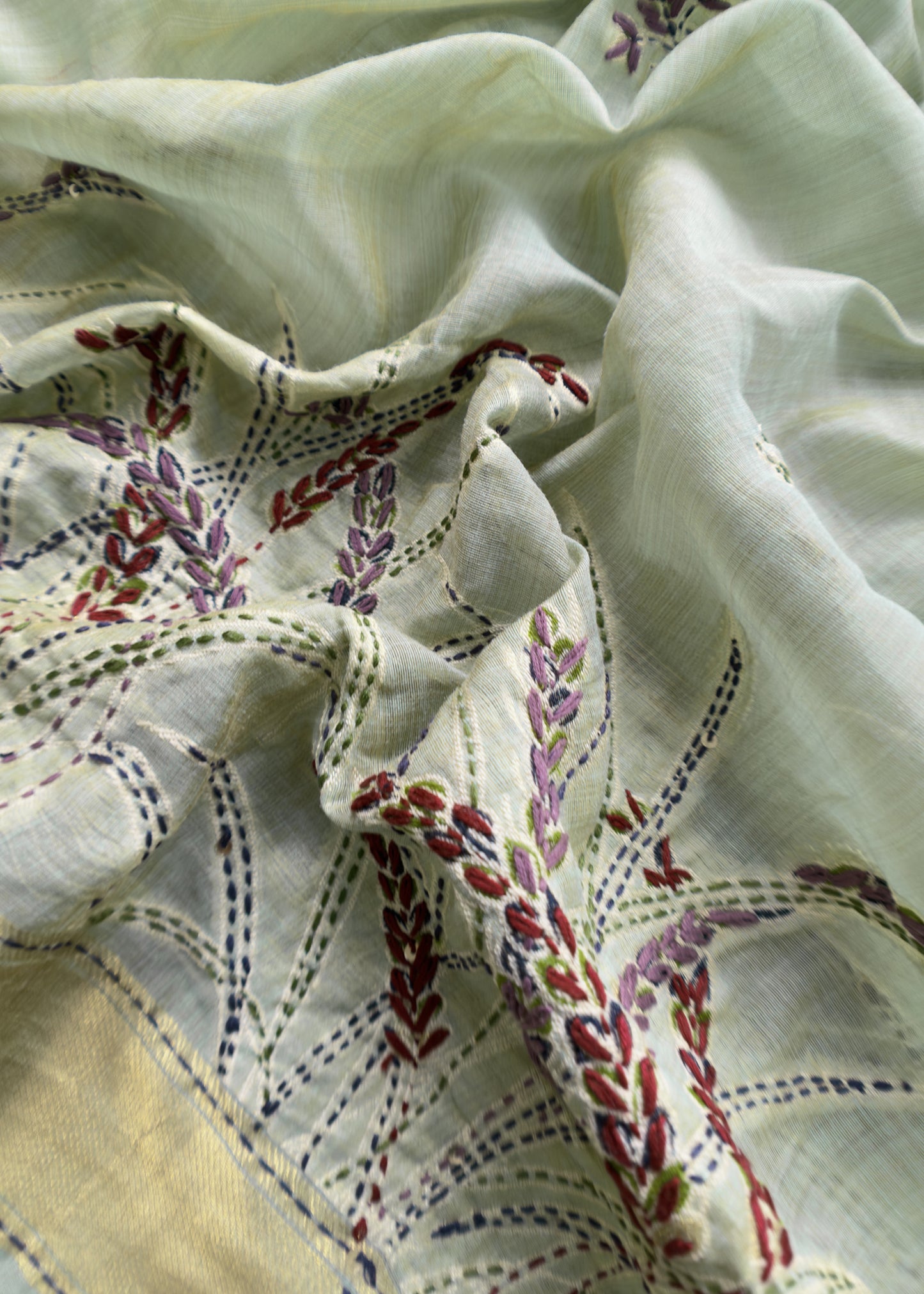 Green Jamdani Suit With Hand Kantha Embroidery And French Knots