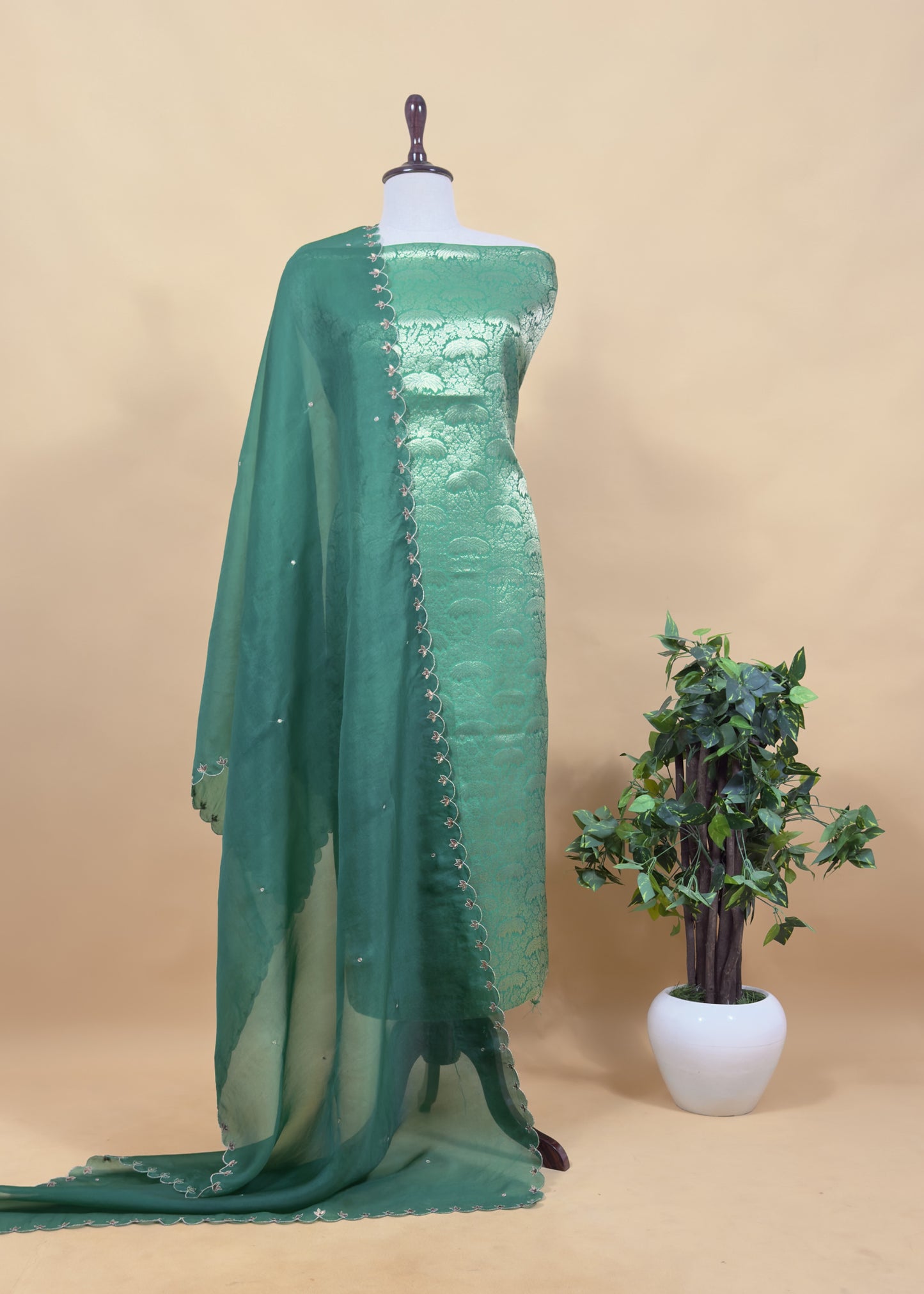 Emerald Green Brocade Silk Kurta and Organza Silk Dupatta With Handwork