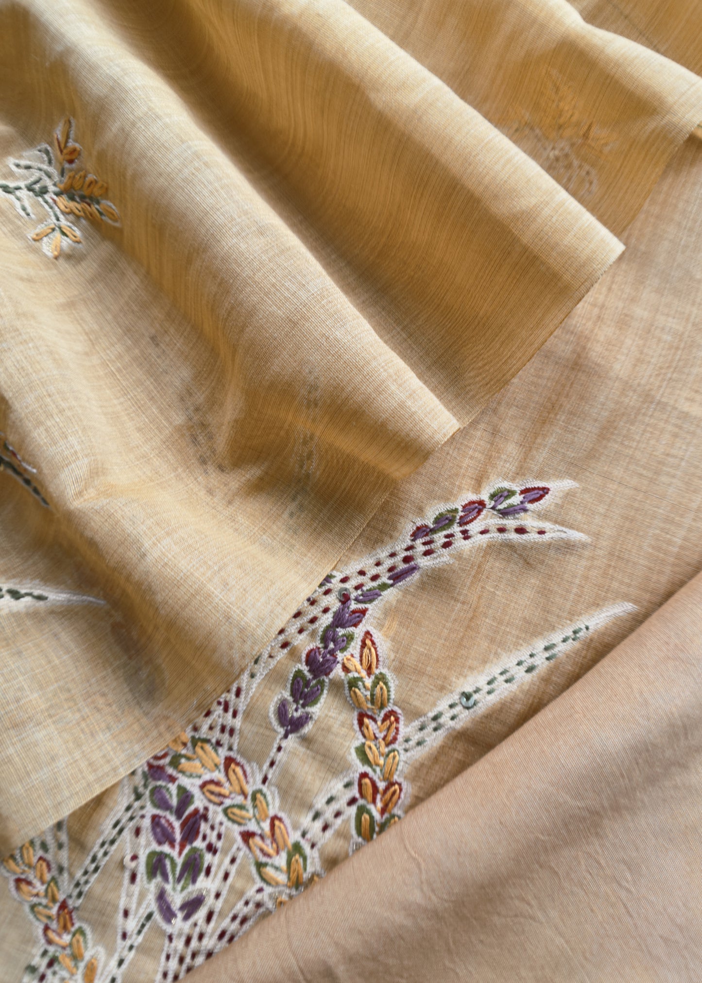 Mustard Yellow Jamdani Suit With Hand Kantha Embroidery And French Knots