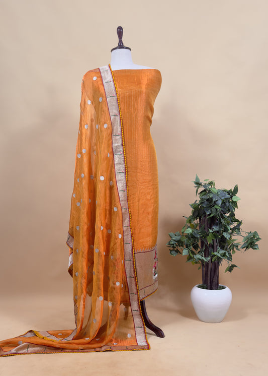 Kesariya Handloom Self Tissue Silk Suit Fabric With Paithani Weaving