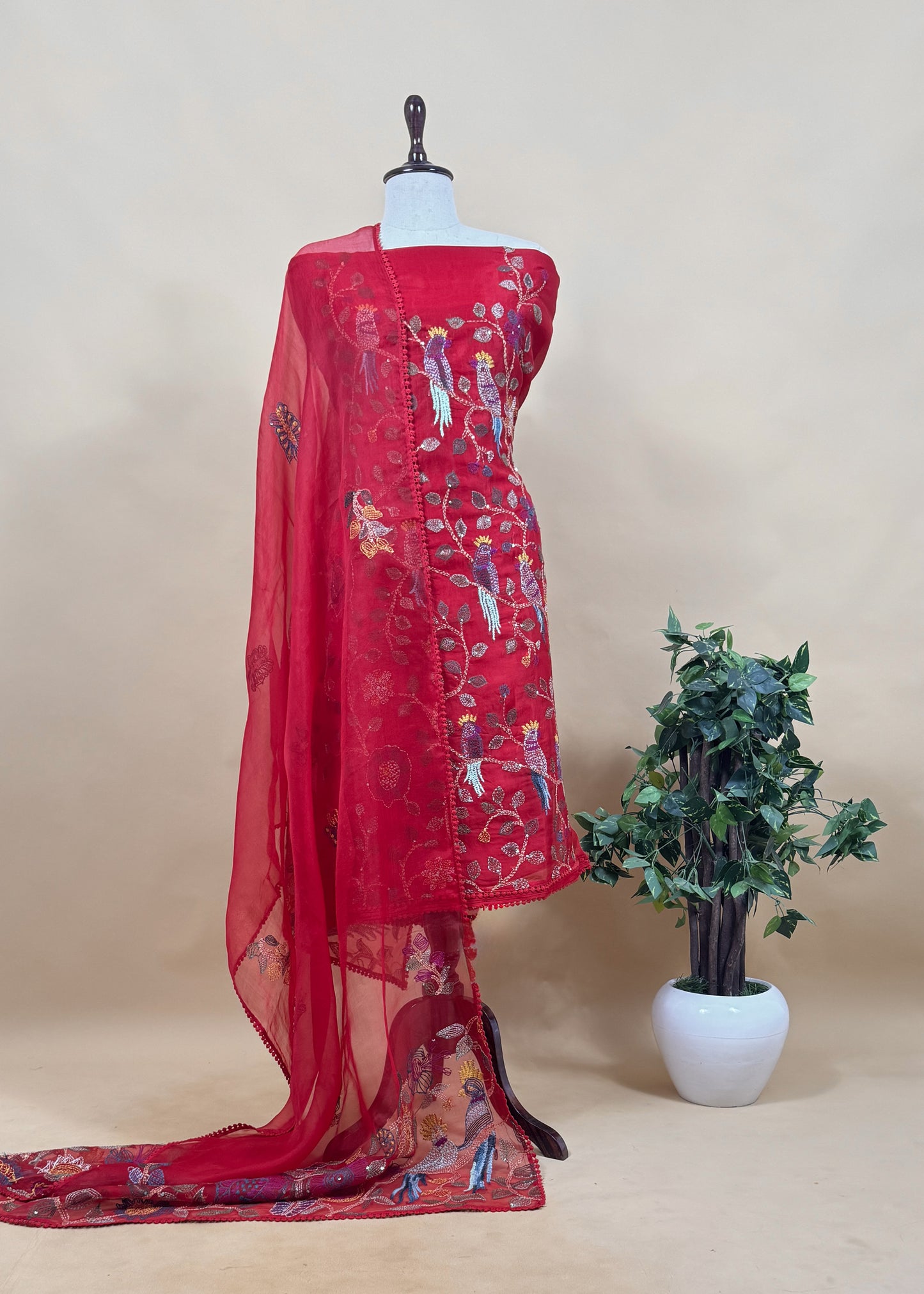 Green Handloom Organza Silk Suit Fabric With Macaw Kantha Handwork