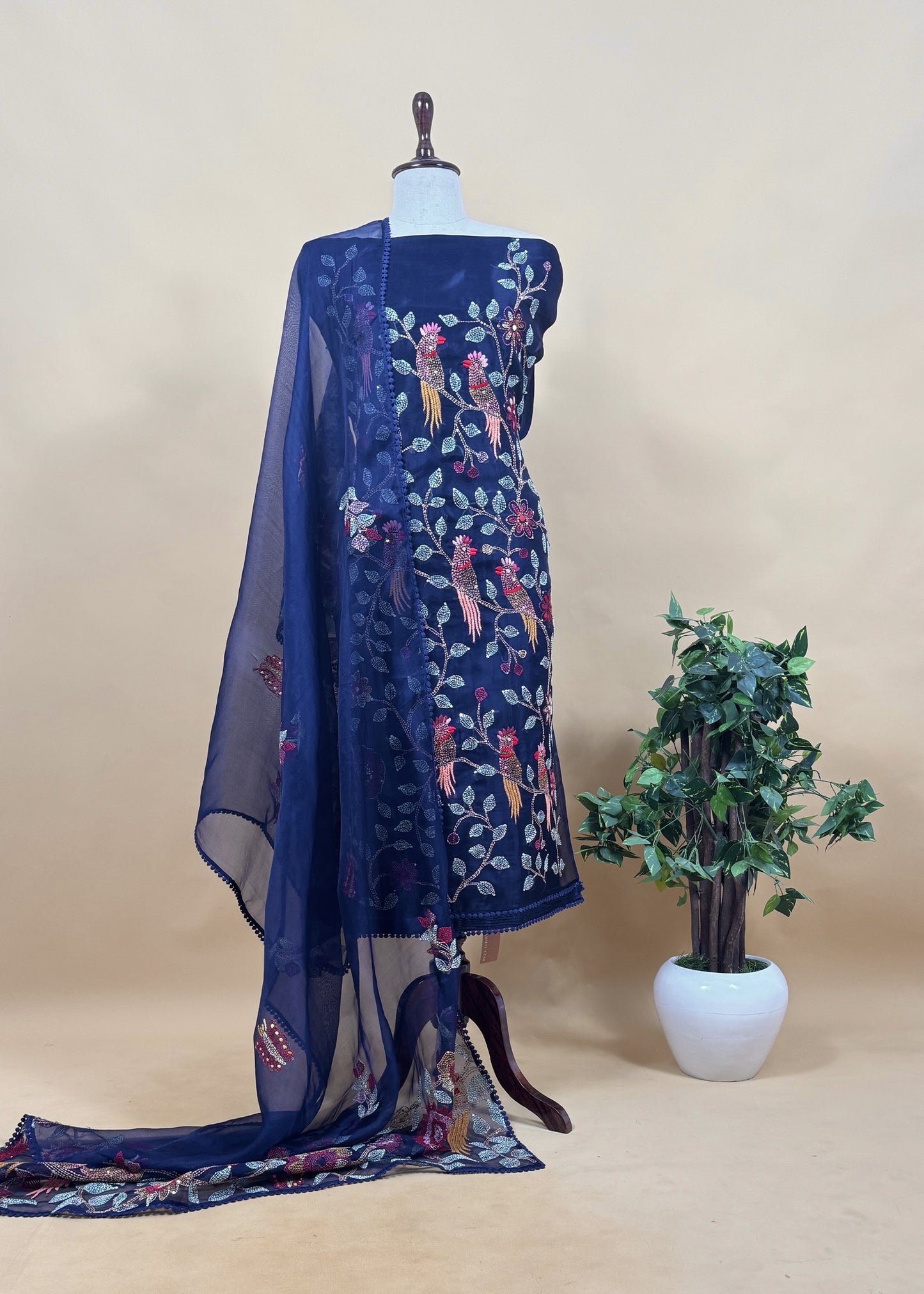 Green Handloom Organza Silk Suit Fabric With Macaw Kantha Handwork