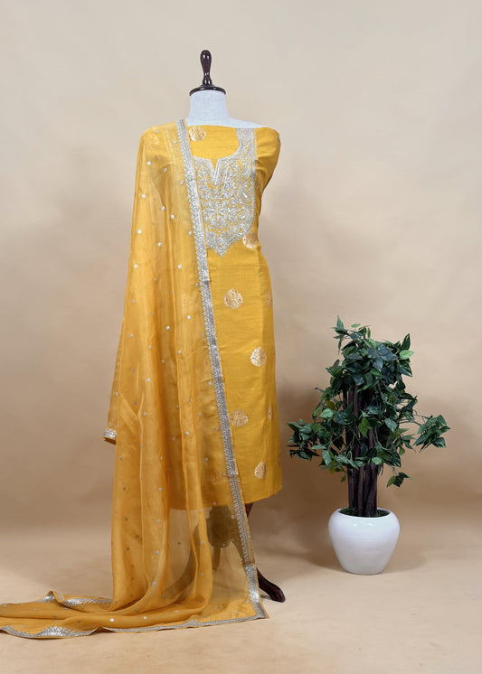 Handloom Varanasi Silk Suit Fabric With Gold Dori, Sequins And Banarasi Weaving
