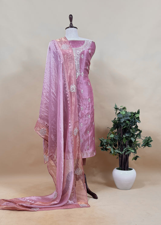 Taffy Pink Handloom Tissue Silk Suit Fabric with Dabka and Gotapatti Handwork
