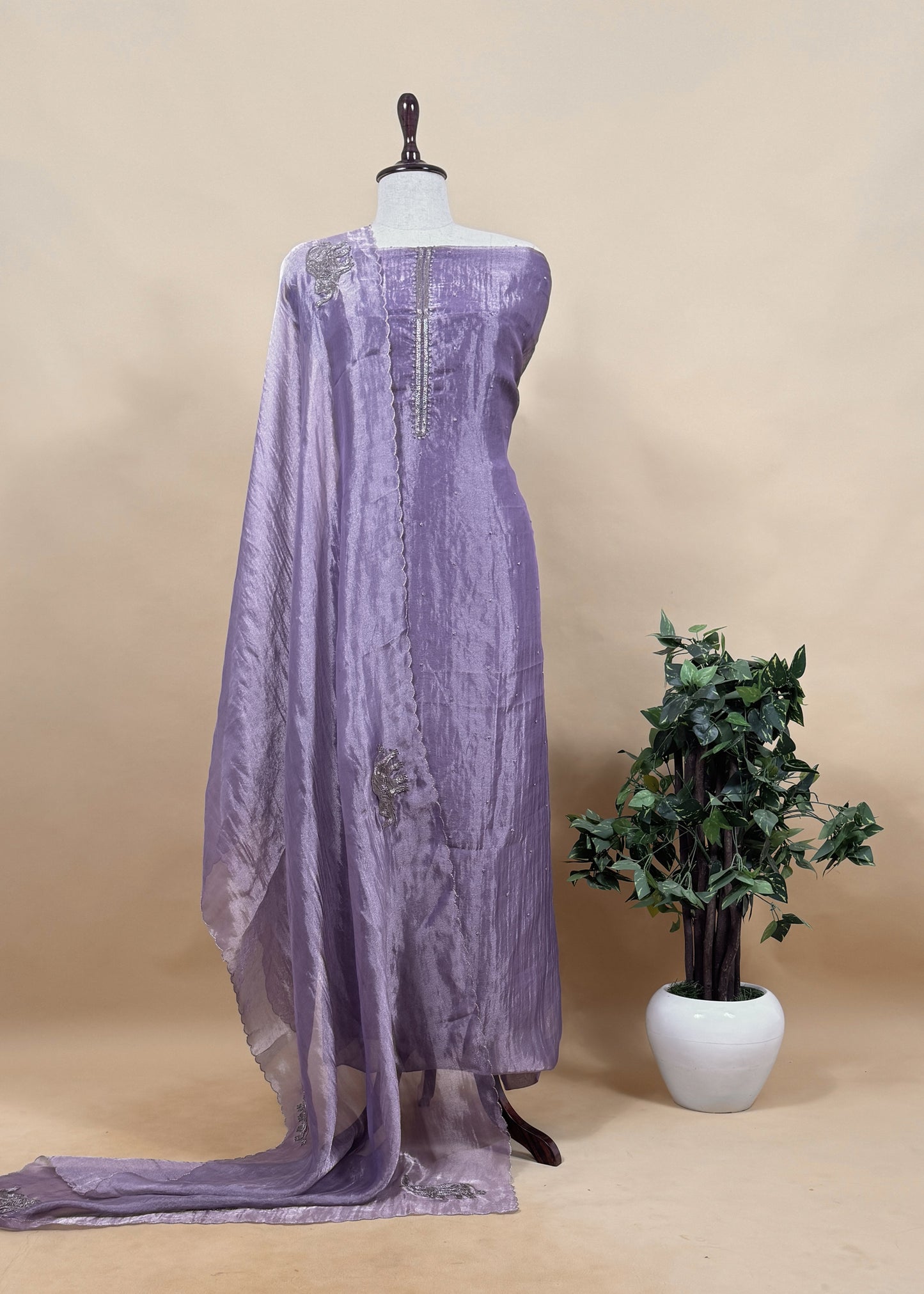 Purple Pure Tissue Silk Suit With Dori Hand Embroidery