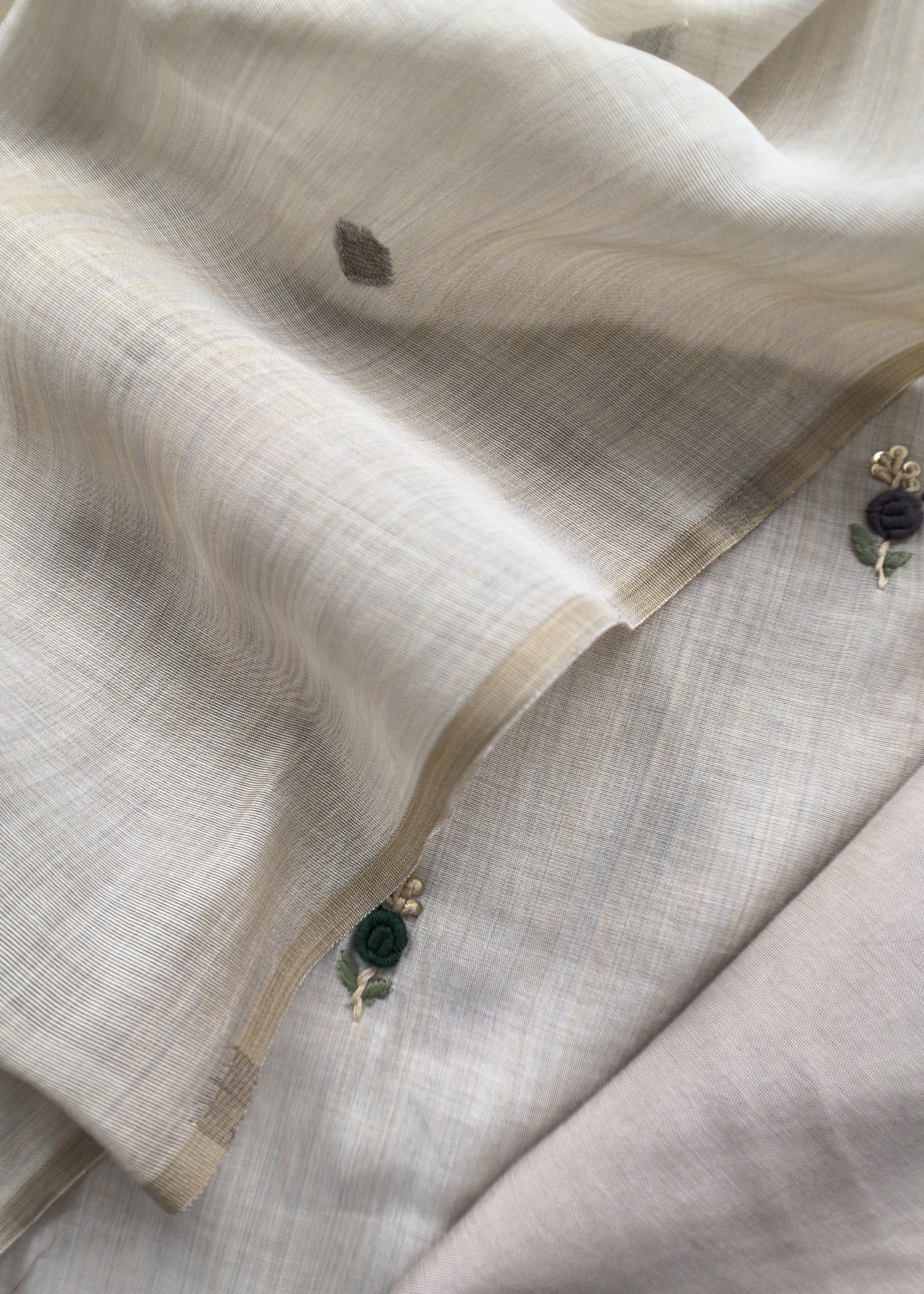 Off White With Green French Knot Embroidered Jamdani Suit