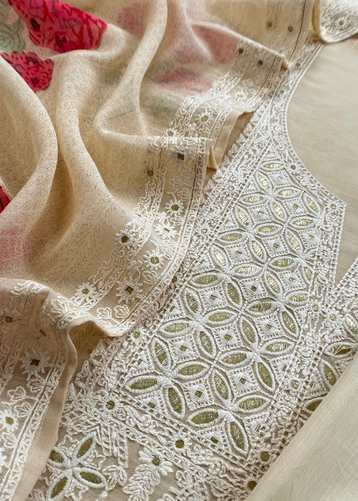 Beige Lakhanvi-Style Pure Mulmul Suit With Floral Digital Print