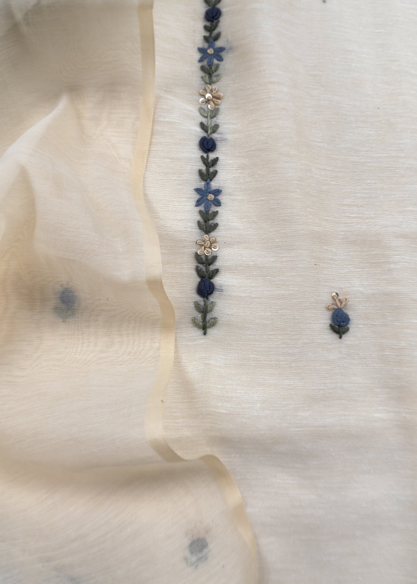 Off White Jamdani Suit With Blue Lilies In Chanderi Fabric