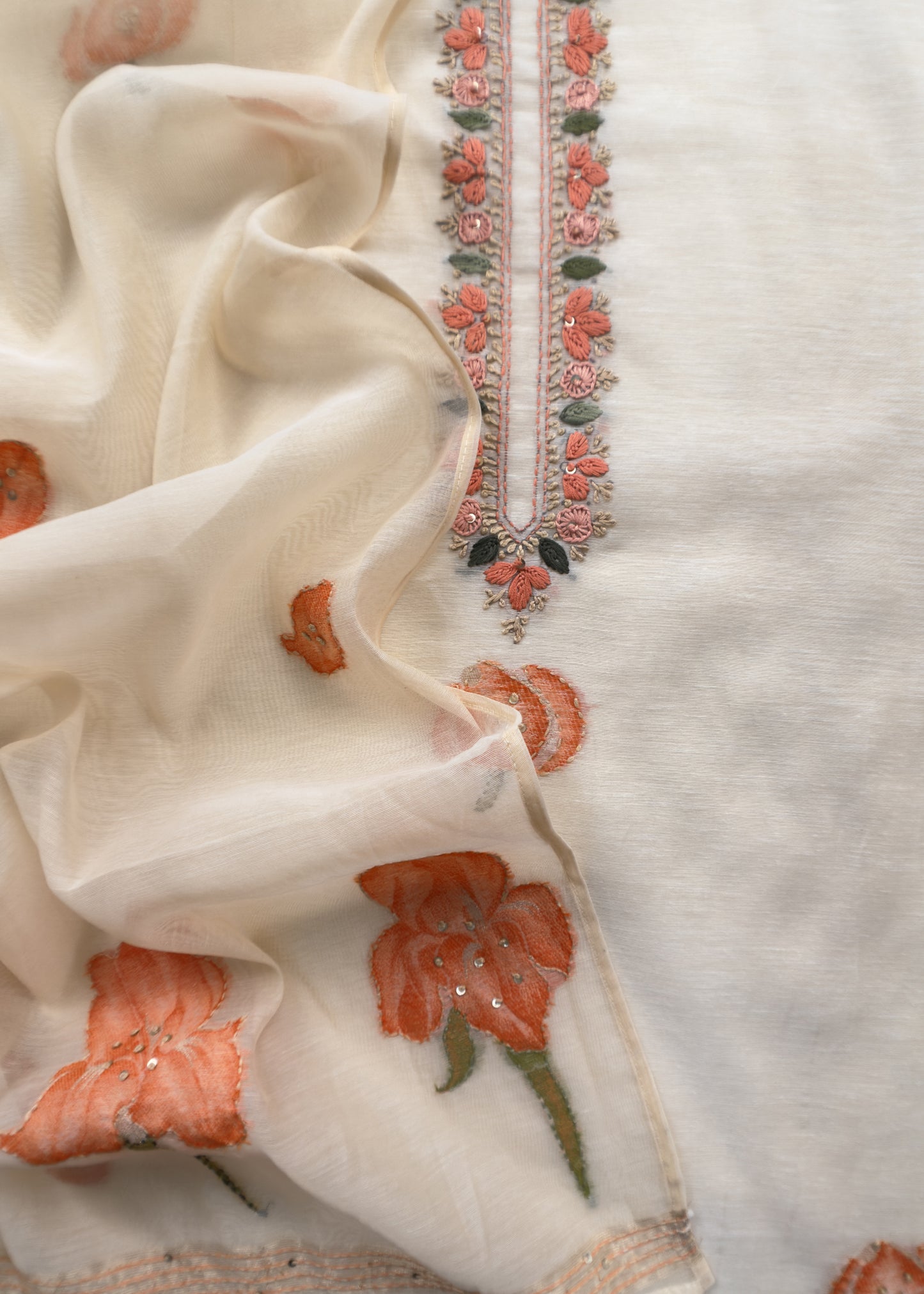 Off White Jamdani Suit With Orange Lilies In Chanderi Fabric