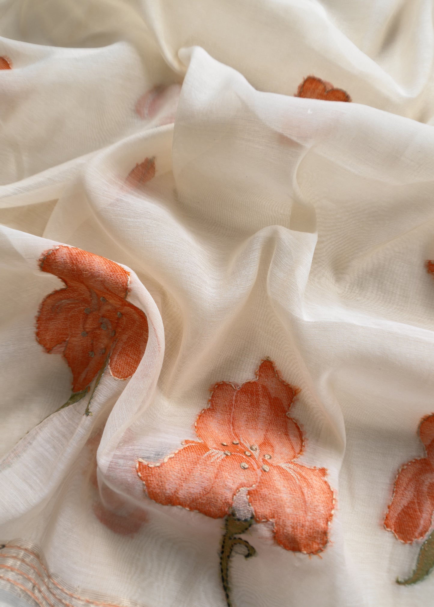 Off White Jamdani Suit With Orange Lilies In Chanderi Fabric