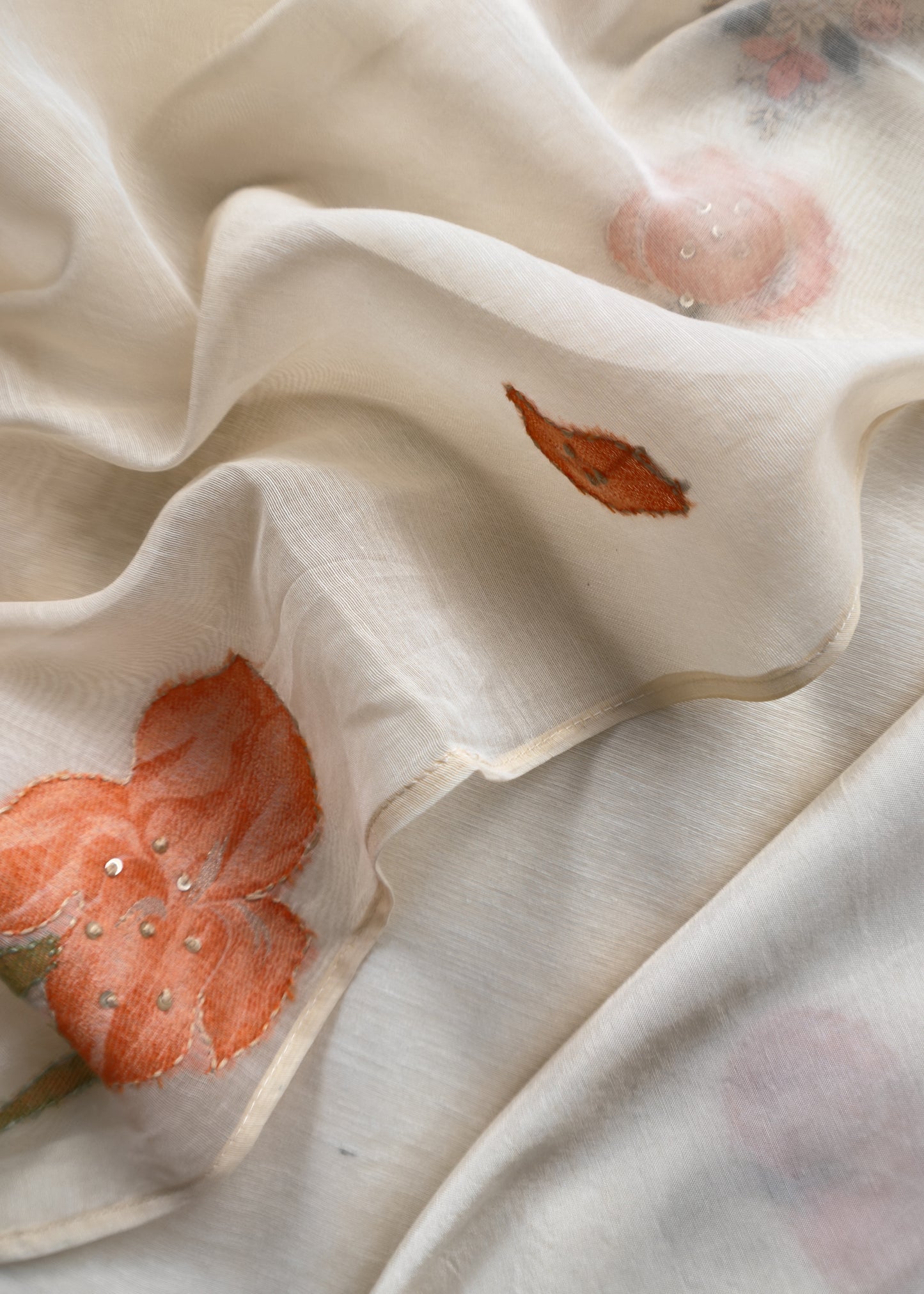 Off White Jamdani Suit With Orange Lilies In Chanderi Fabric