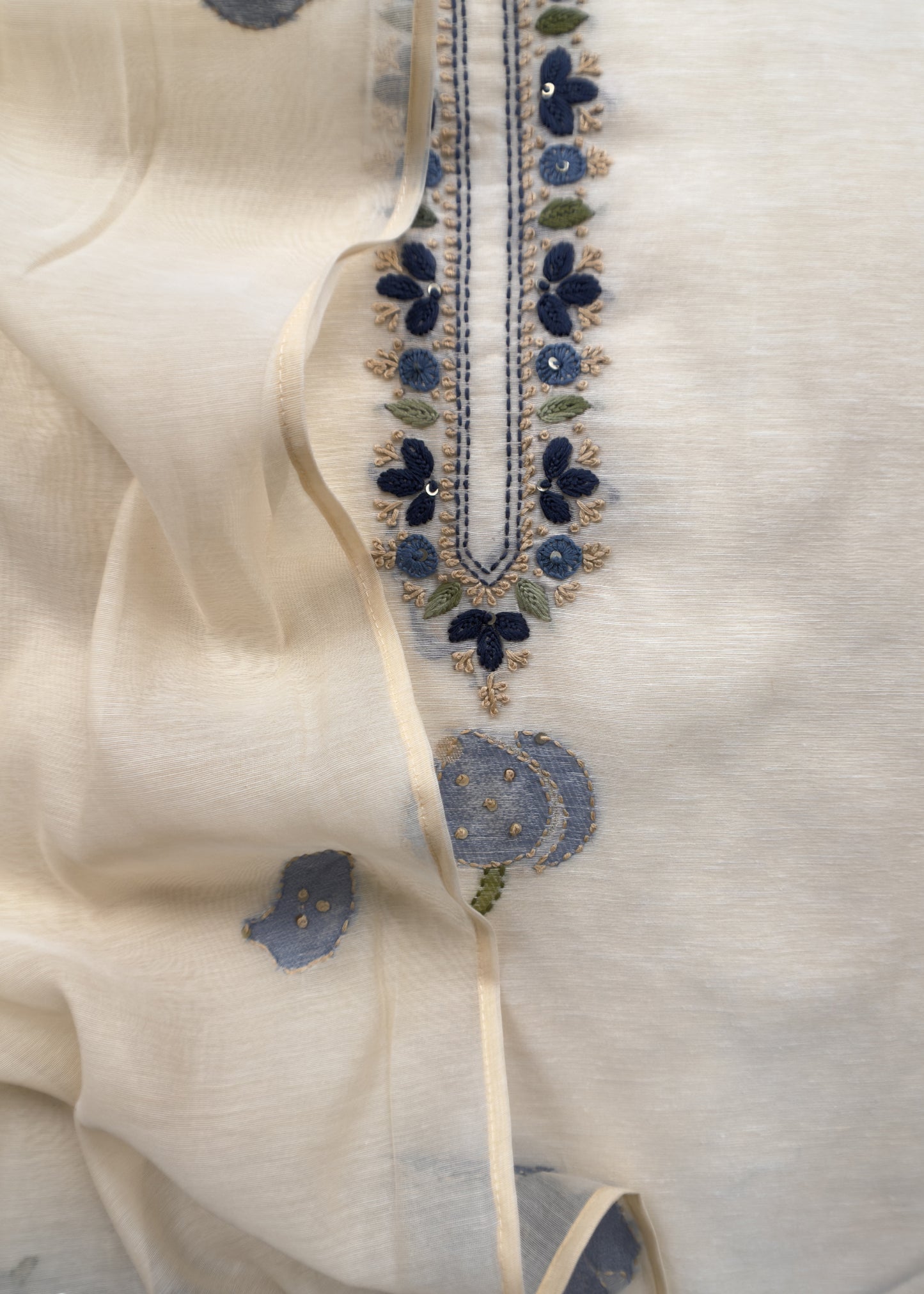 Off White Jamdani Suit With Blue Lilies In Chanderi Fabric
