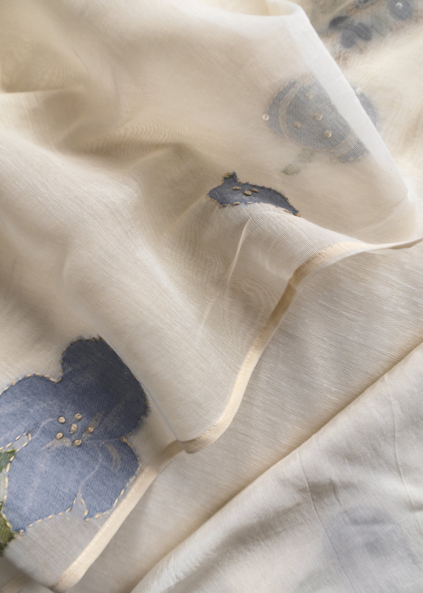Off White Jamdani Suit With Blue Lilies In Chanderi Fabric