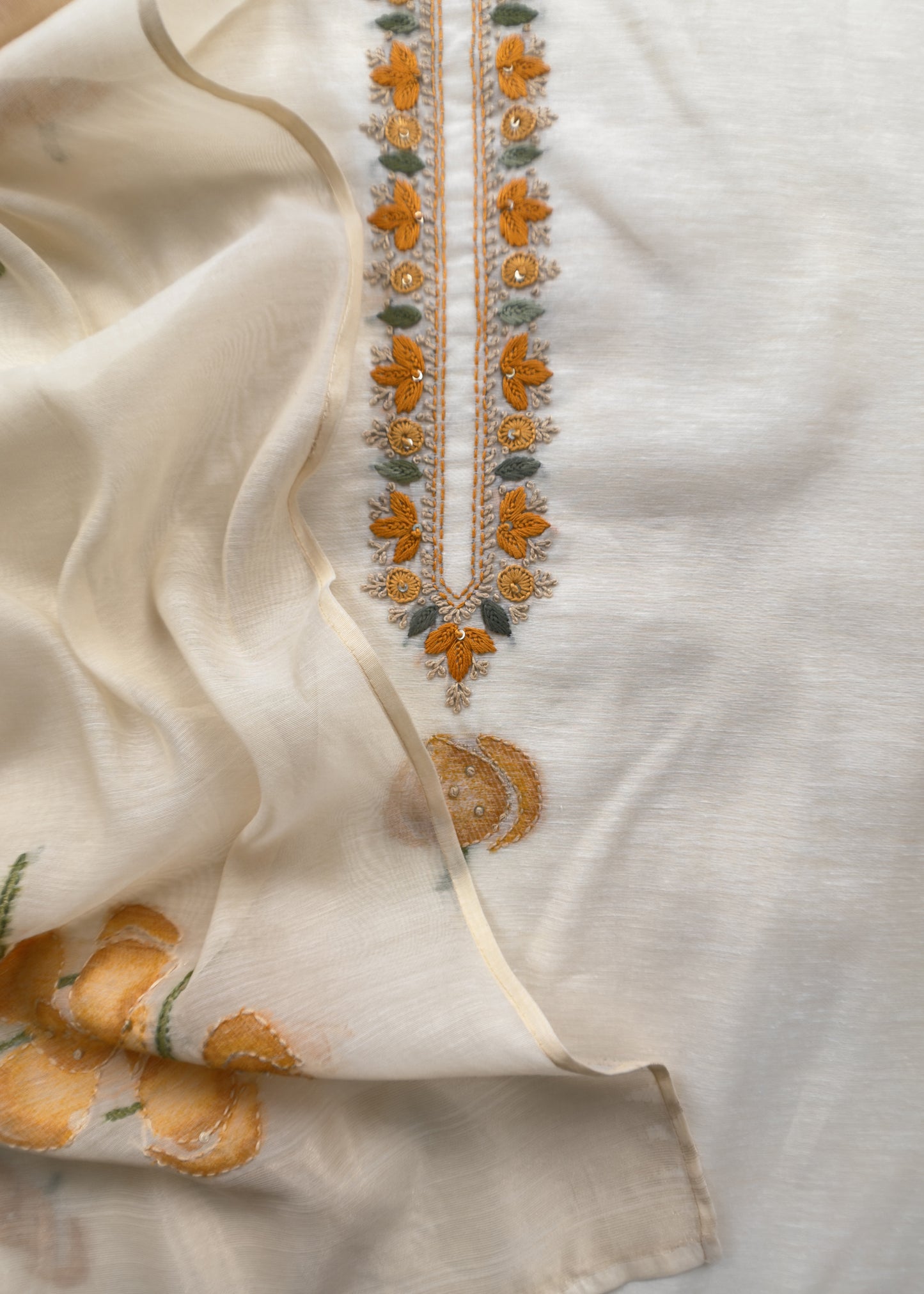 Off White Jamdani Suit With Orange Lilies In Chanderi Fabric