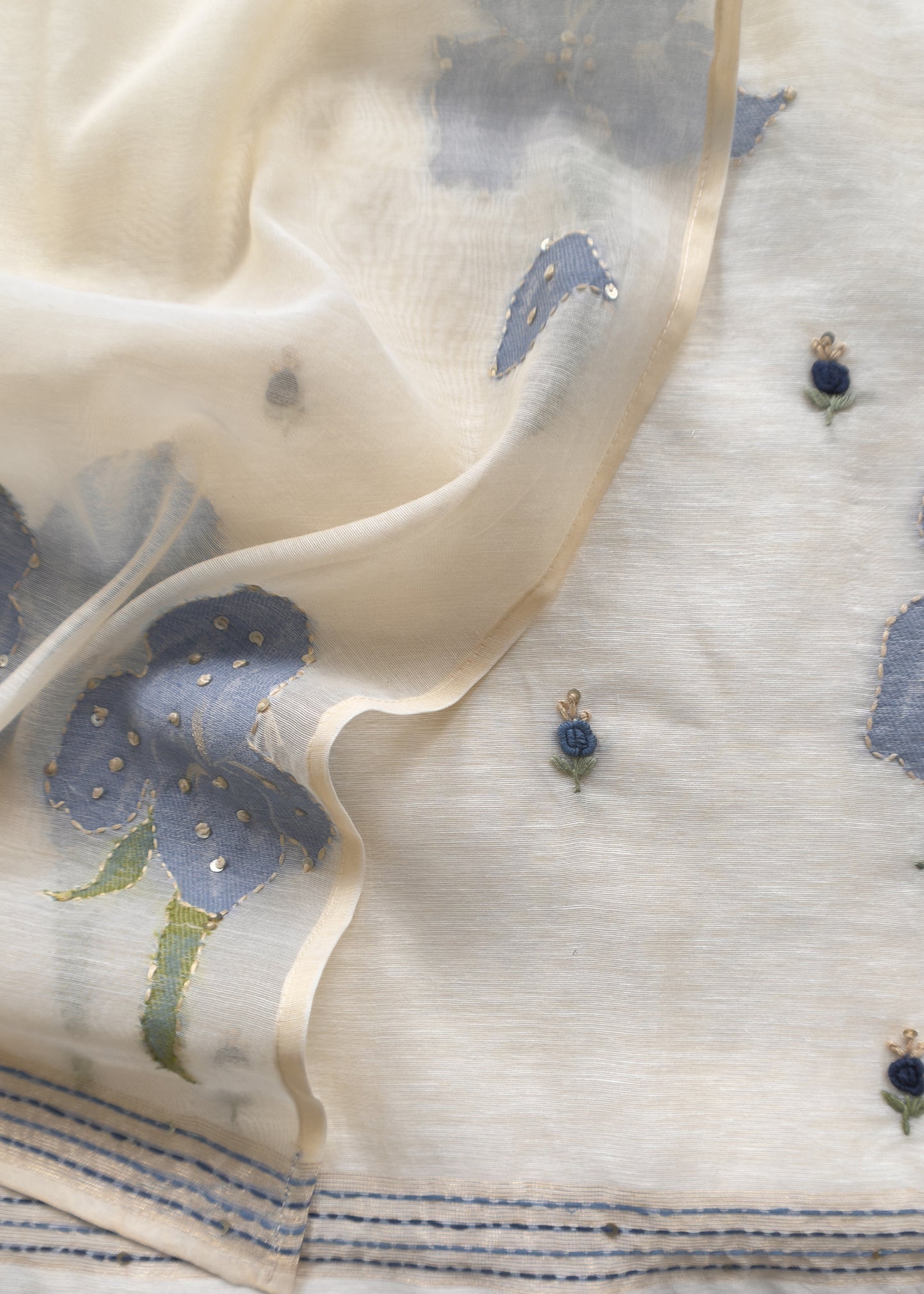 Off White Jamdani Suit With Blue Lilies In Chanderi Fabric
