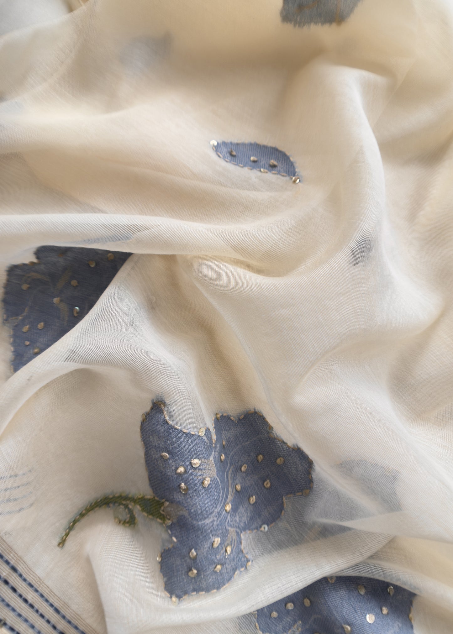 Off White Jamdani Suit With Blue Lilies In Chanderi Fabric