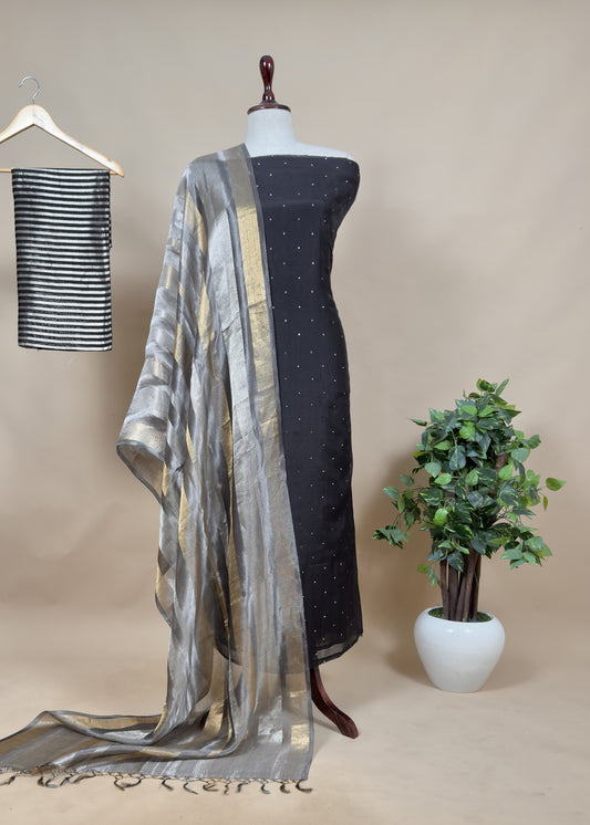 Black Old Luxury Handloom Chanderi Kurta With Handwoven Gold Silver Tissue Dupatta