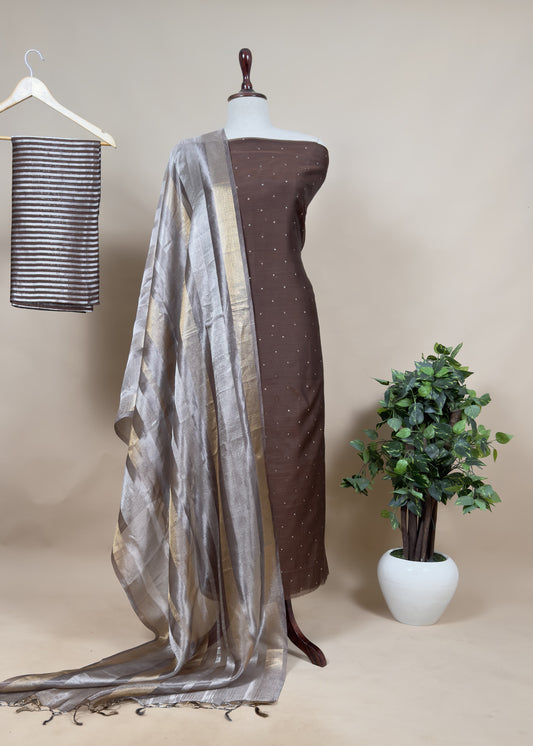 Pecan Brown Old Luxury Handloom Chanderi Kurta With Handwoven Gold Silver Tissue Dupatta