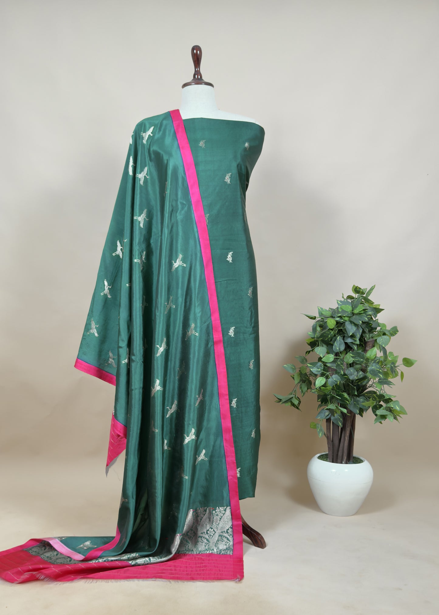 Bottle Green and Deep Pink Chidiya Handloom Katan Silk Suit Fabric