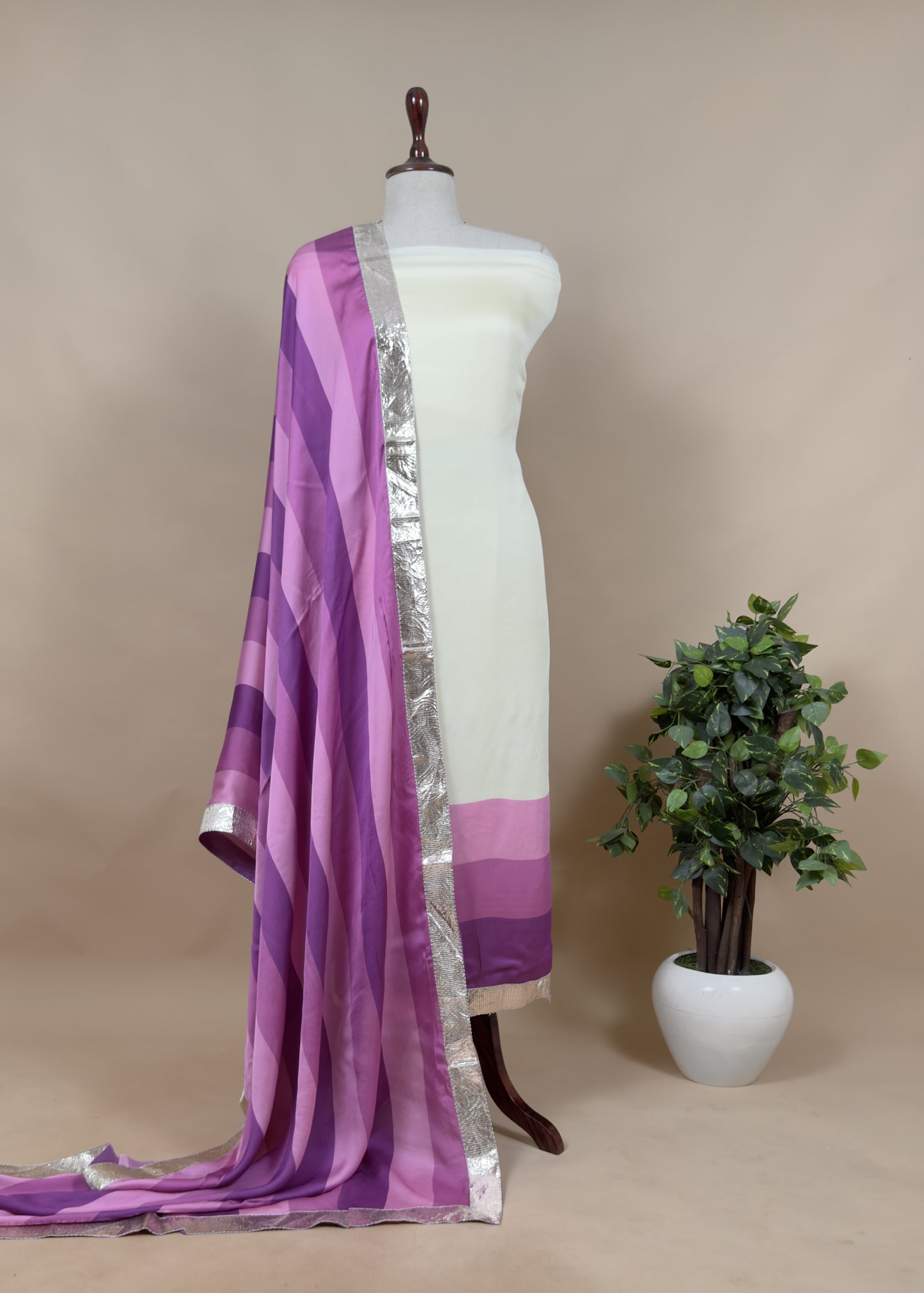 Rohit Bal Abstract Digital Print Pure Satin Silk Dupatta-Suit With Laces