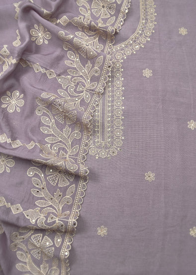 Mauve Linen Silk Unstitched Suit With Resham Work