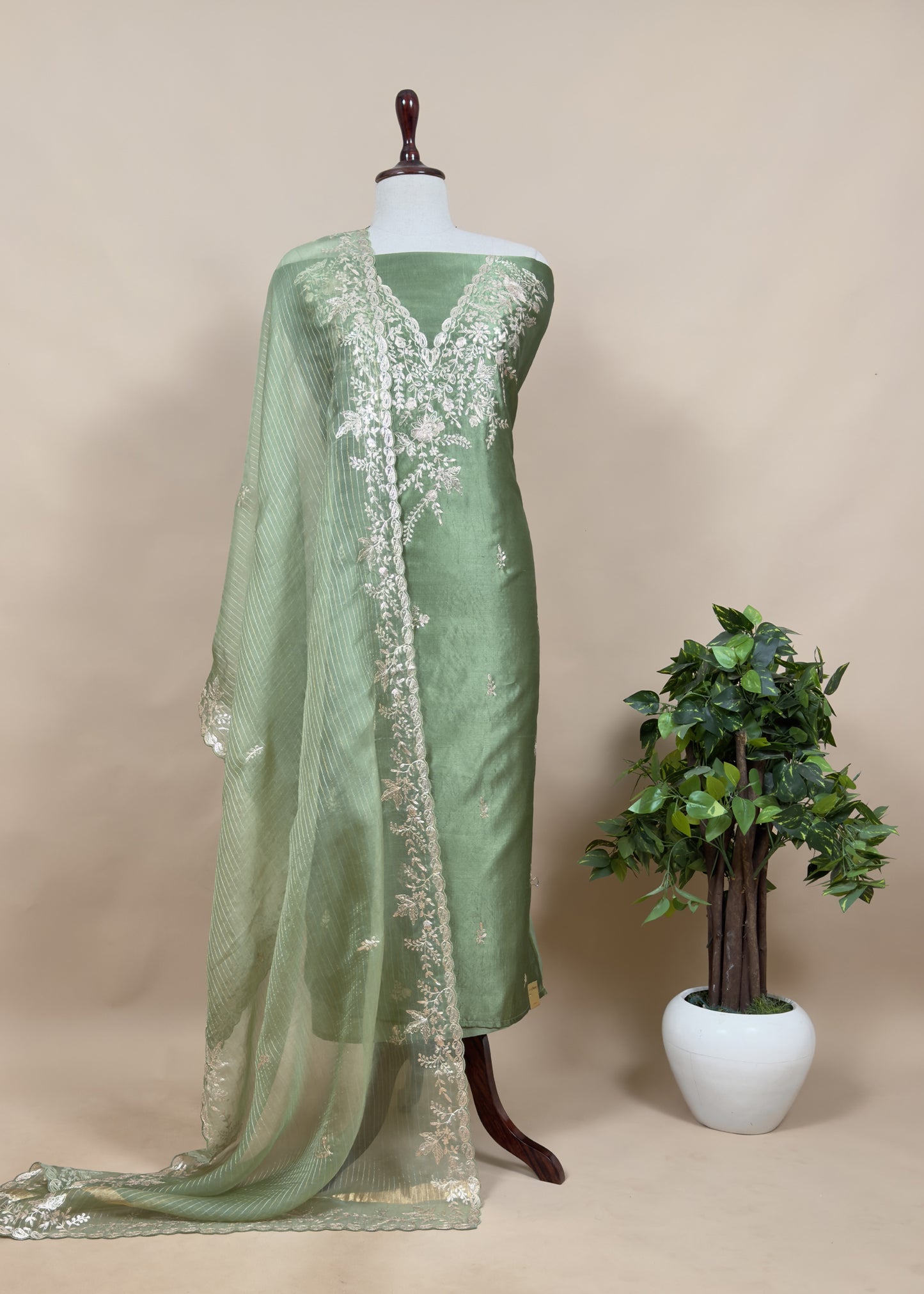 Jade Green Tussar Silk Unstitched Suit With Pitta Work