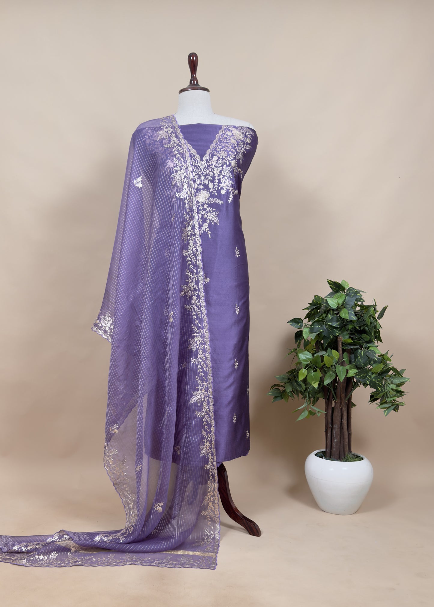Jade Green Tussar Silk Unstitched Suit With Pitta Work