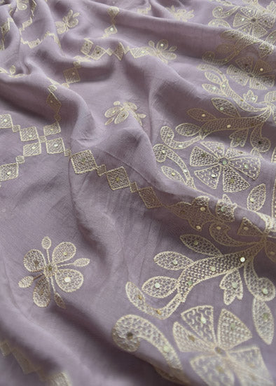 Mauve Linen Silk Unstitched Suit With Resham Work