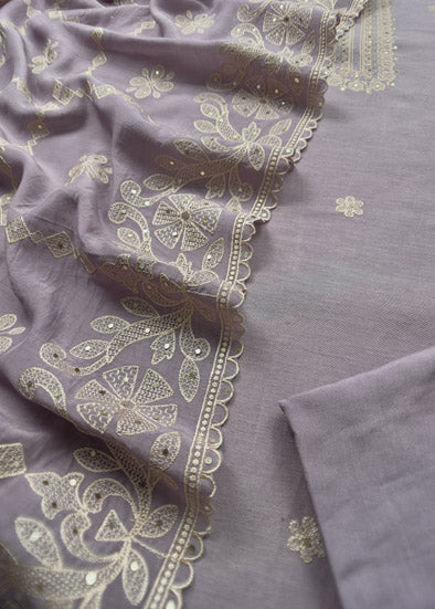 Mauve Linen Silk Unstitched Suit With Resham Work