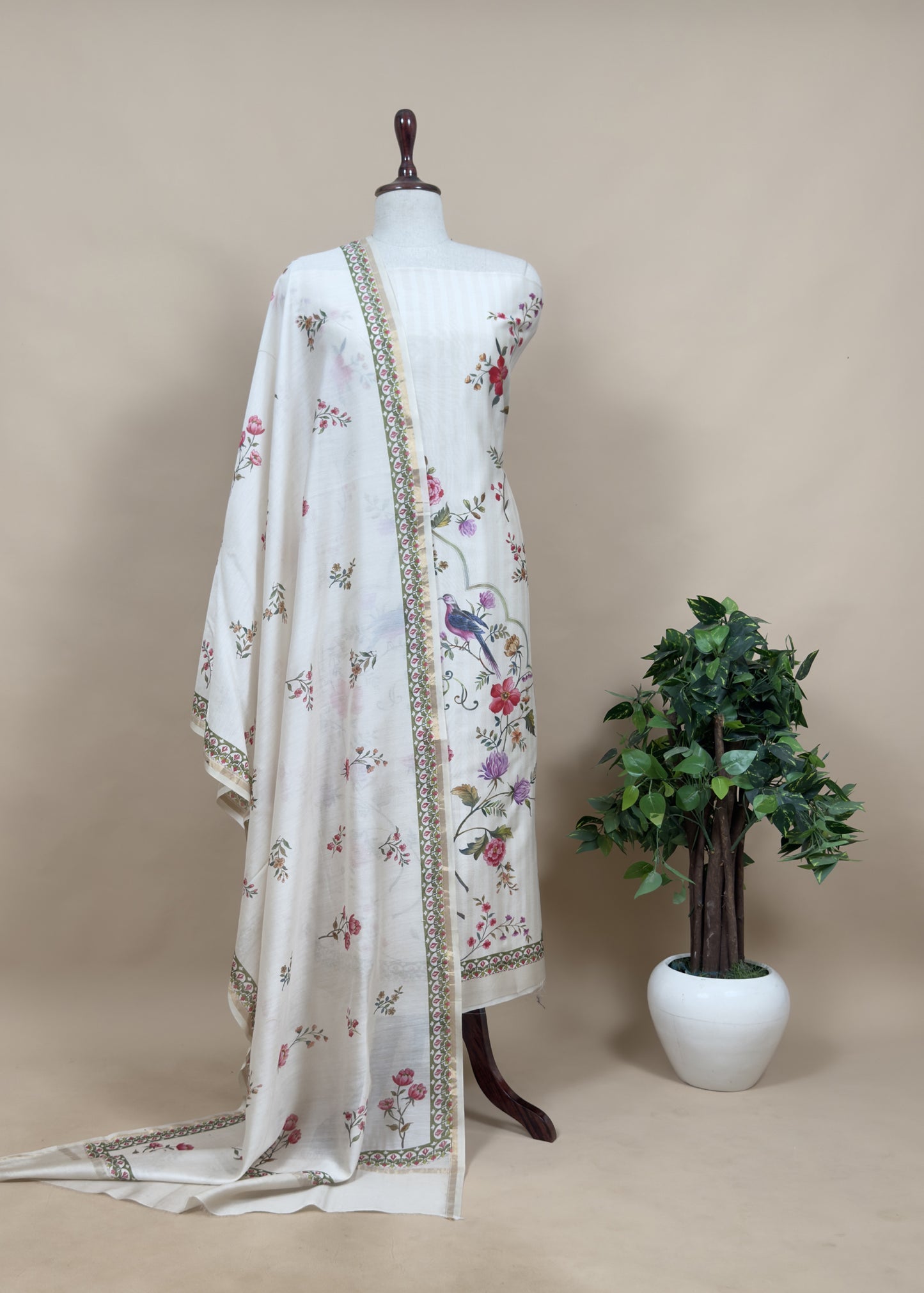 Ivory White Royal Handloom Jaipuri Print Maheshwari Suit