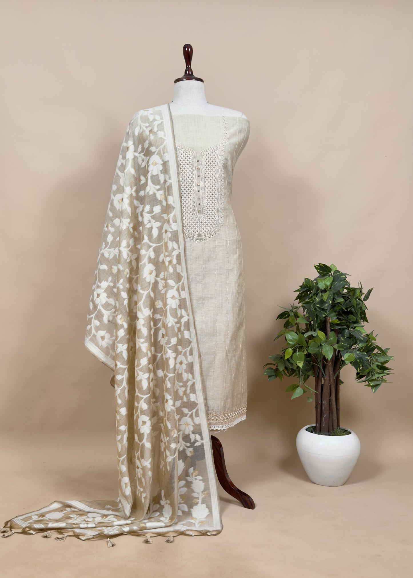 Beige Jamdani Weaved Linen Chanderi Suit With Resham Thread Embroidery
