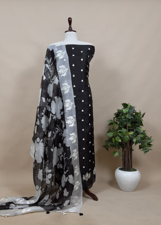 Midnight Black And White Kalasheel Luxe Organza Suit With Silver Parrots