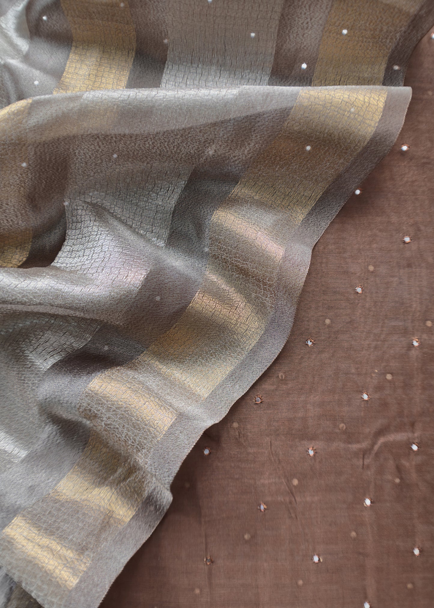Pecan Brown Old Luxury Handloom Chanderi Kurta With Handwoven Gold Silver Tissue Dupatta