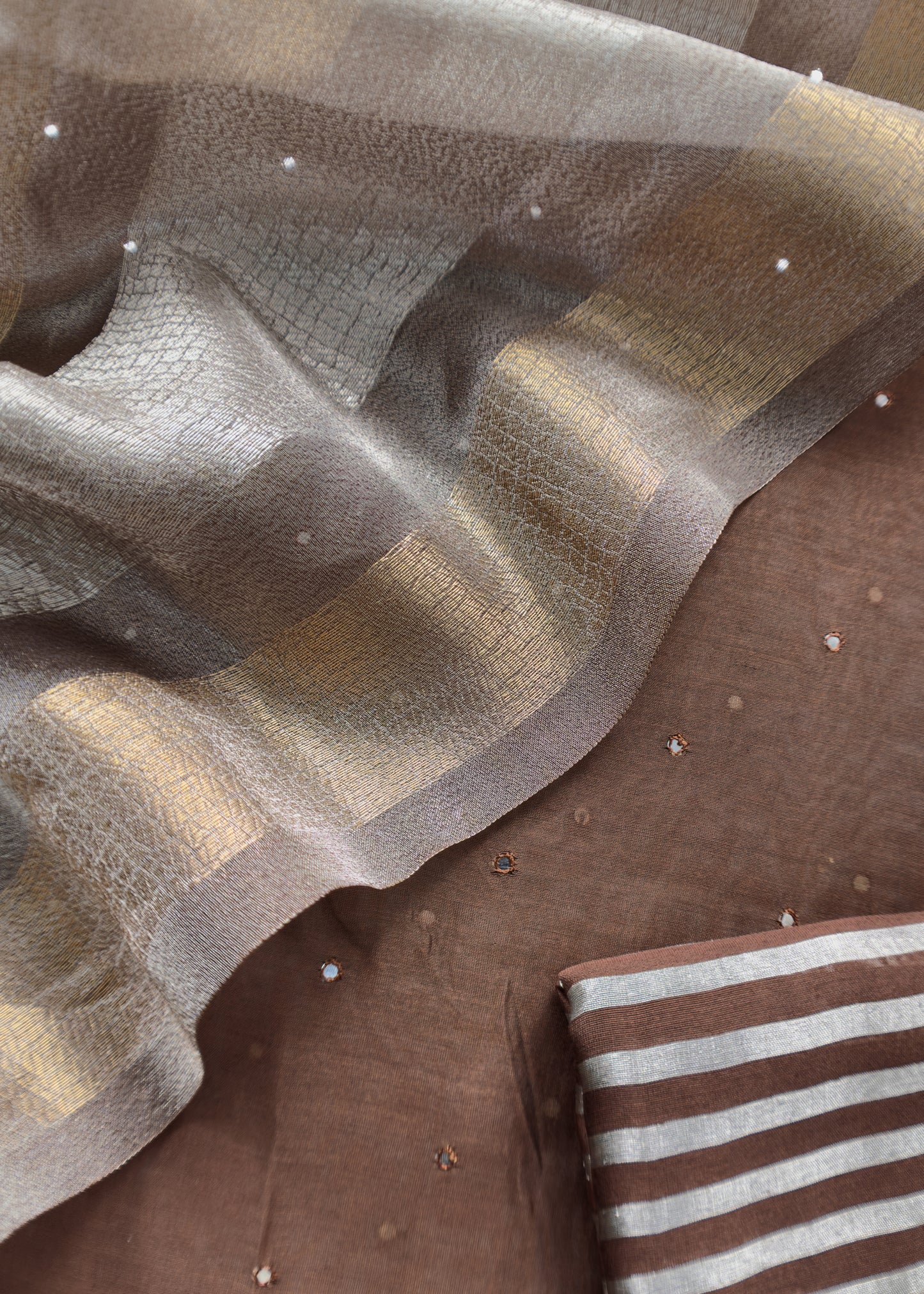 Pecan Brown Old Luxury Handloom Chanderi Kurta With Handwoven Gold Silver Tissue Dupatta