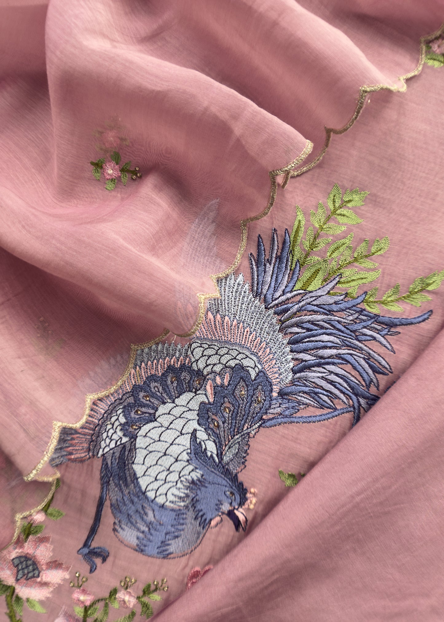 Rose Pink Premium Mul Chanderi Suit With Gold Resham Embroidery