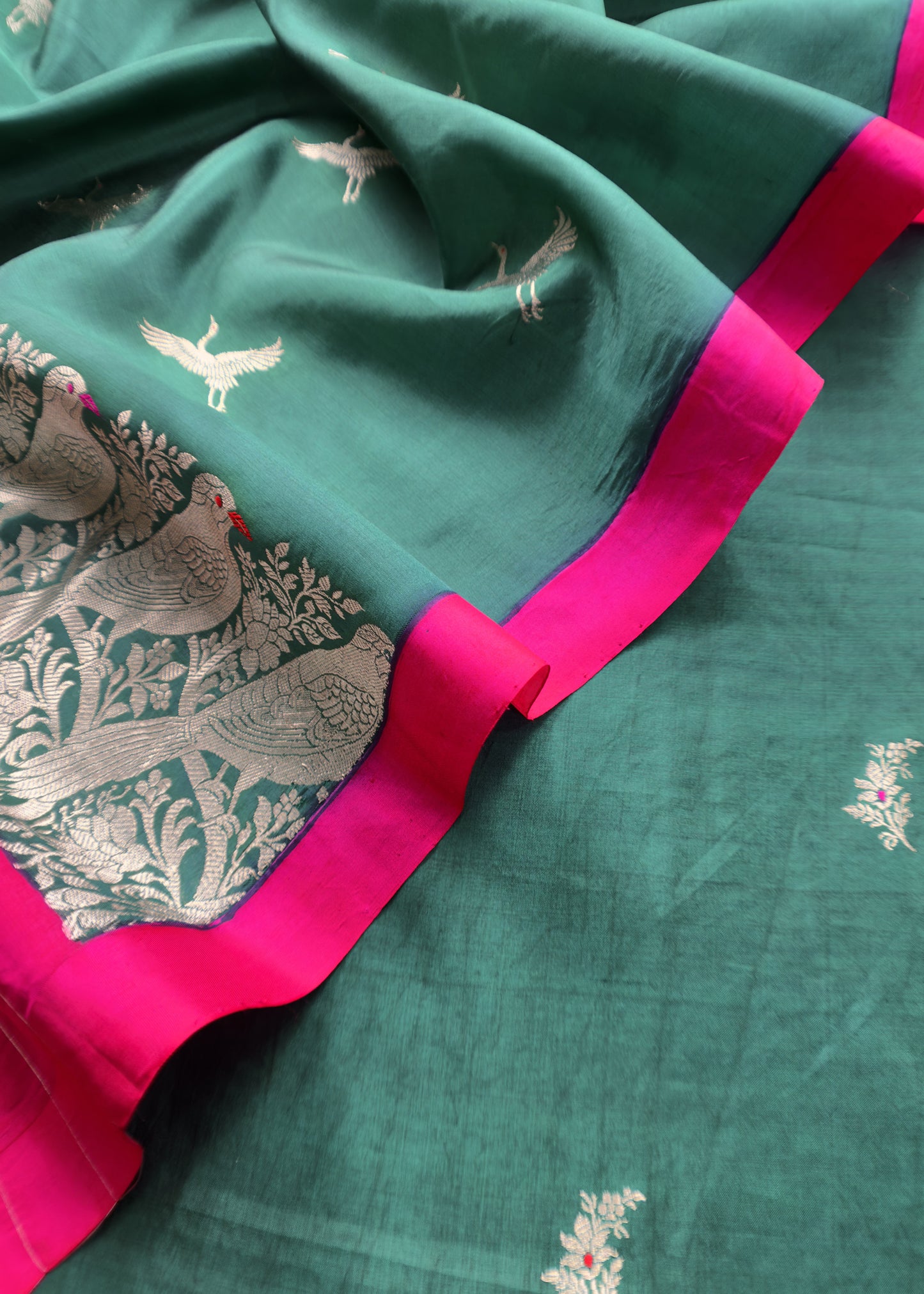 Bottle Green and Deep Pink Chidiya Handloom Katan Silk Suit Fabric