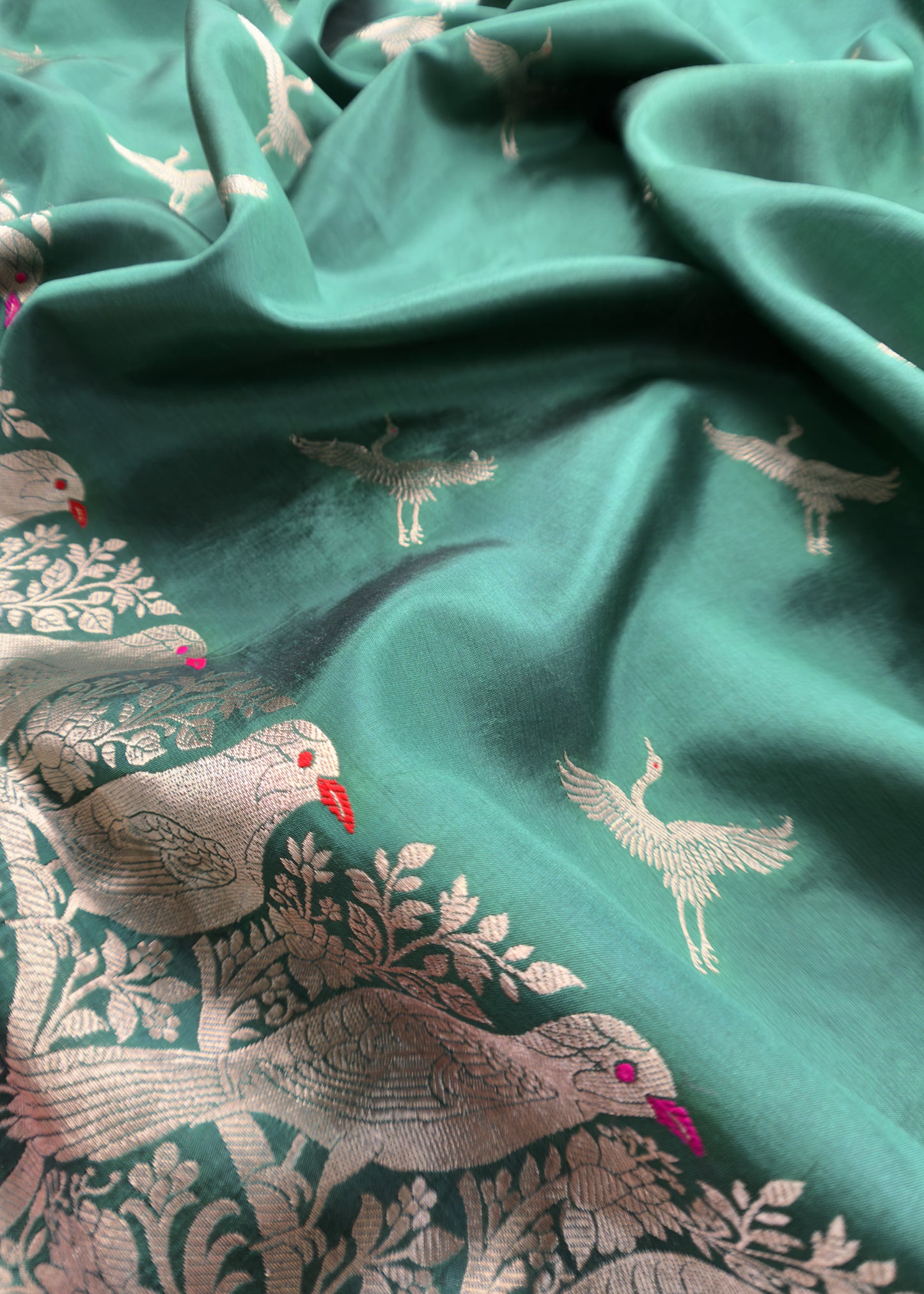 Bottle Green and Deep Pink Chidiya Handloom Katan Silk Suit Fabric