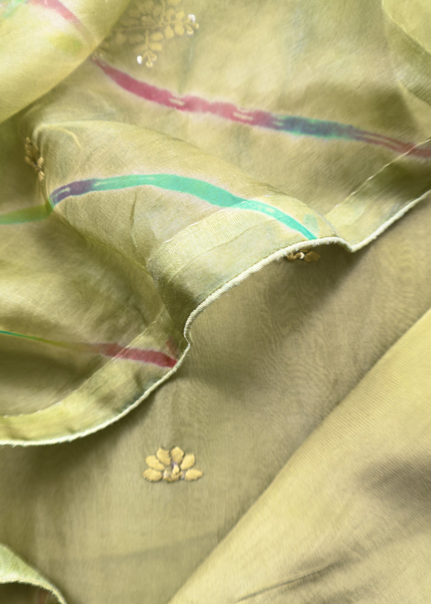 Olive Green Pure Organza Chikankari Suit With Leheriya Dupatta