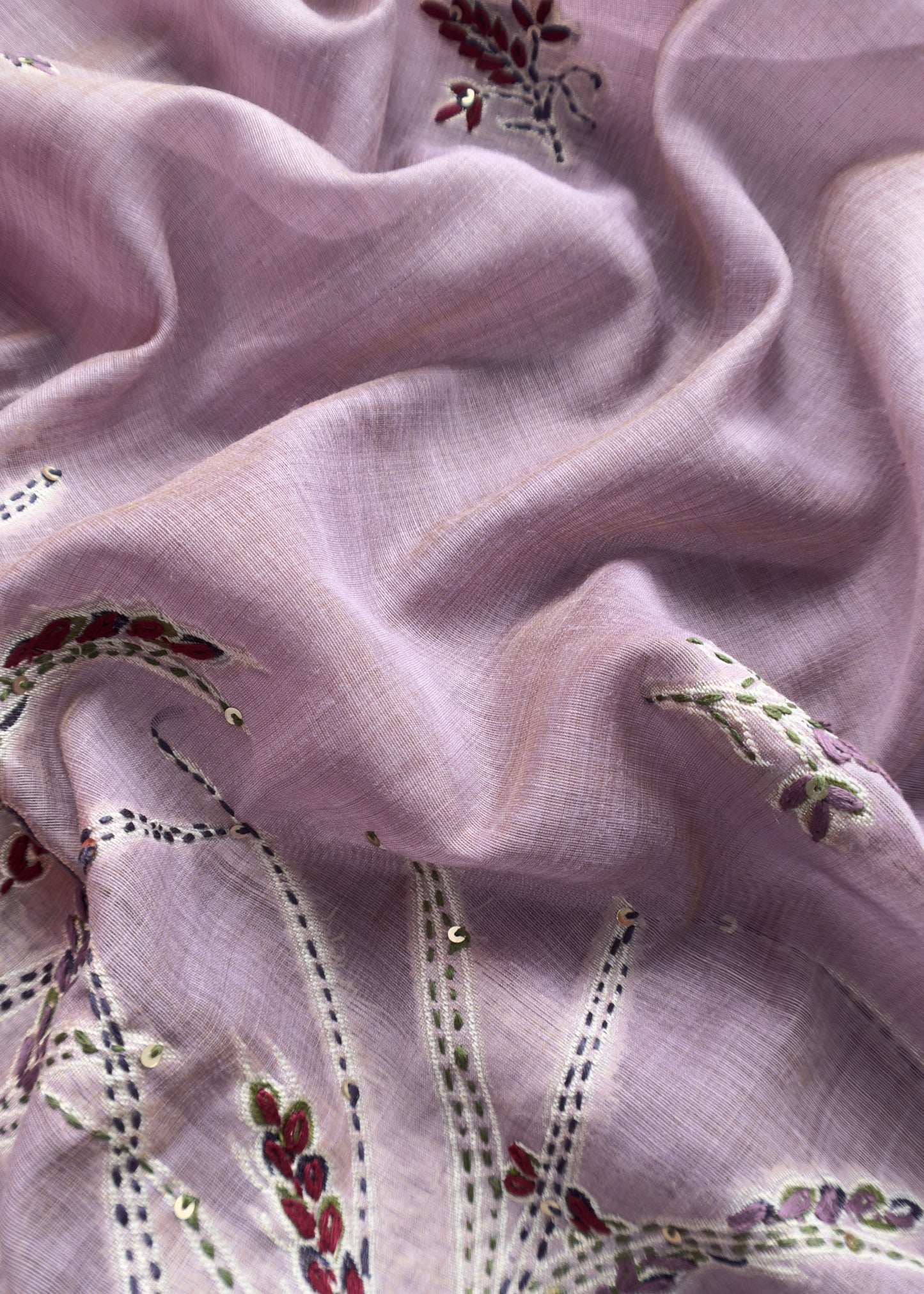 Blush Purple Jamdani Suit With Hand Kantha Embroidery And French Knots