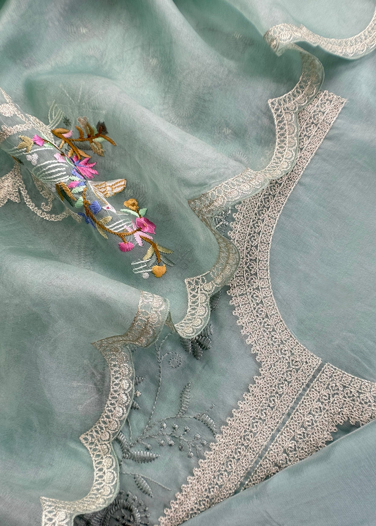 Blue Parsi Thread Embroidery Pure Organza Unstitched Suit With Dupatta