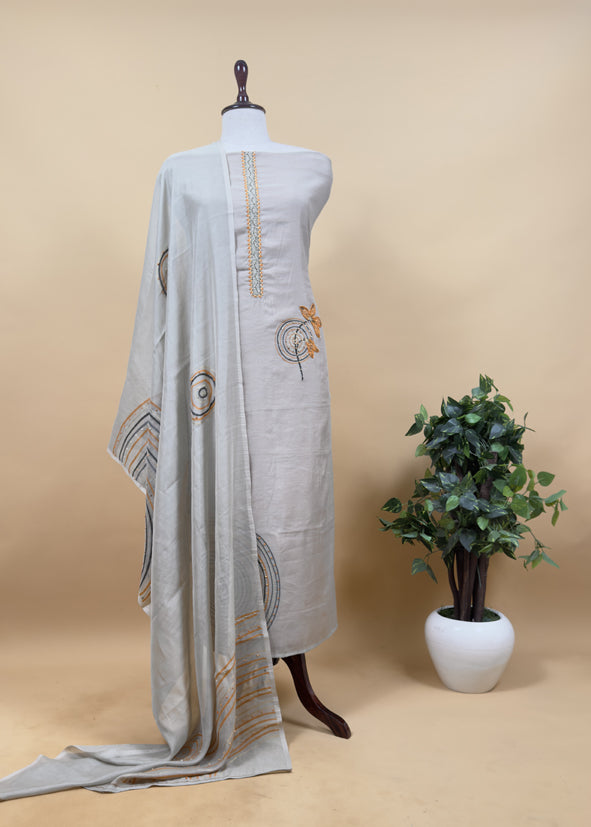 Blue Jamdani Weaved Muslin Suit With Kantha Embroidery