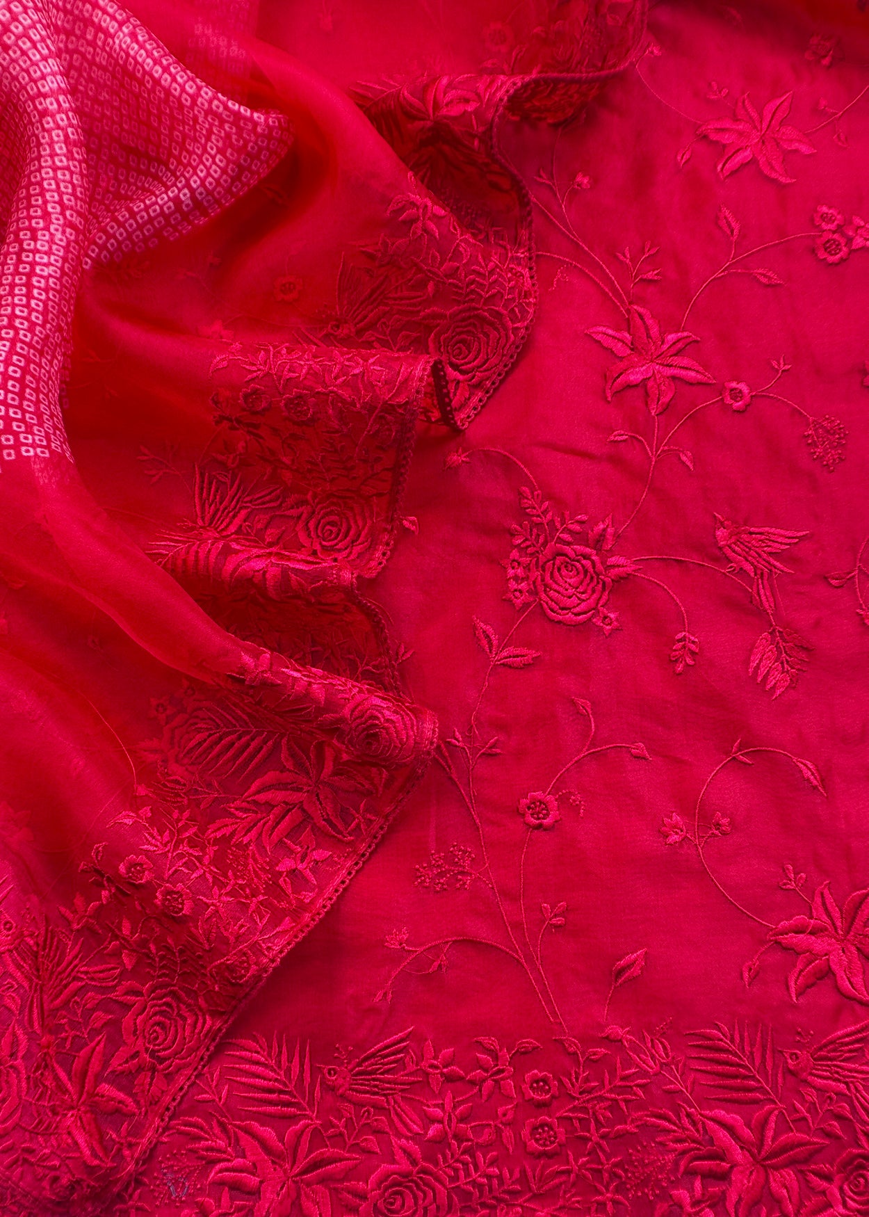 Red Embroidered Organza Silk Unstitched Suit With Bandhani Dupatta