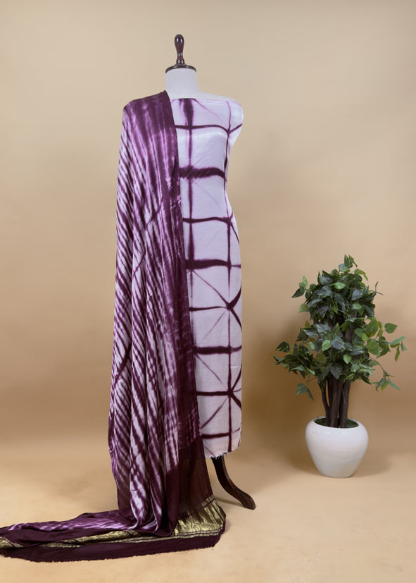 Brown Hand-Dyed Shibori Print Pure Gajji Silk Suit With Zari Border