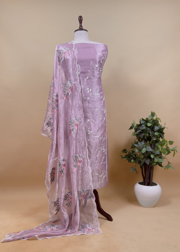 Lavender Rose Resham Embroidered Tissue Unstitched Suit Set