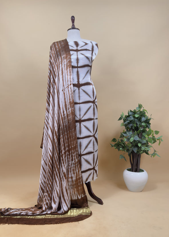 Brown Hand-Dyed Shibori Print Pure Gajji Silk Suit With Zari Border