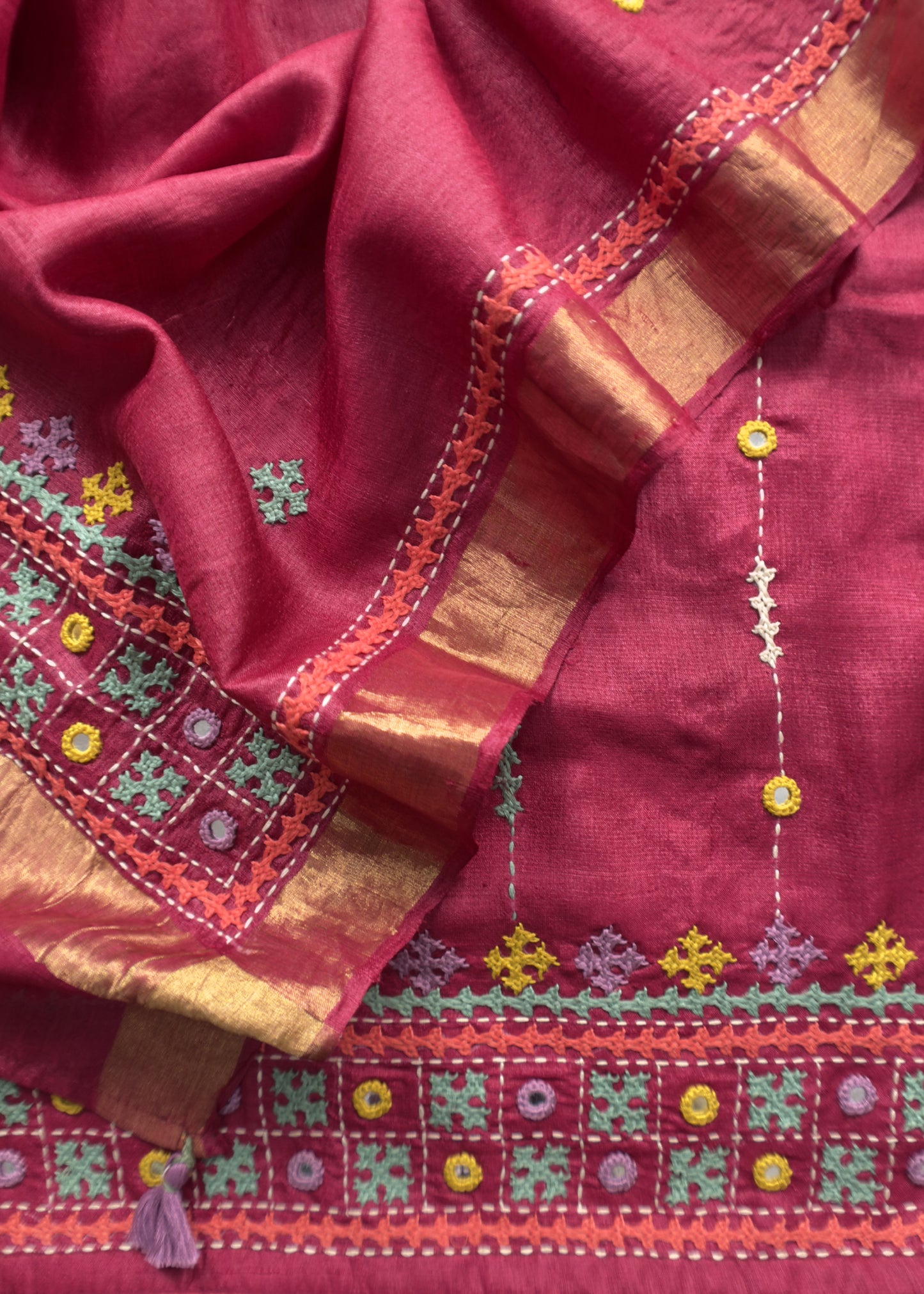 Kalasheel Luxe Red Handloom Tussar Suit With Kutch Embroidery