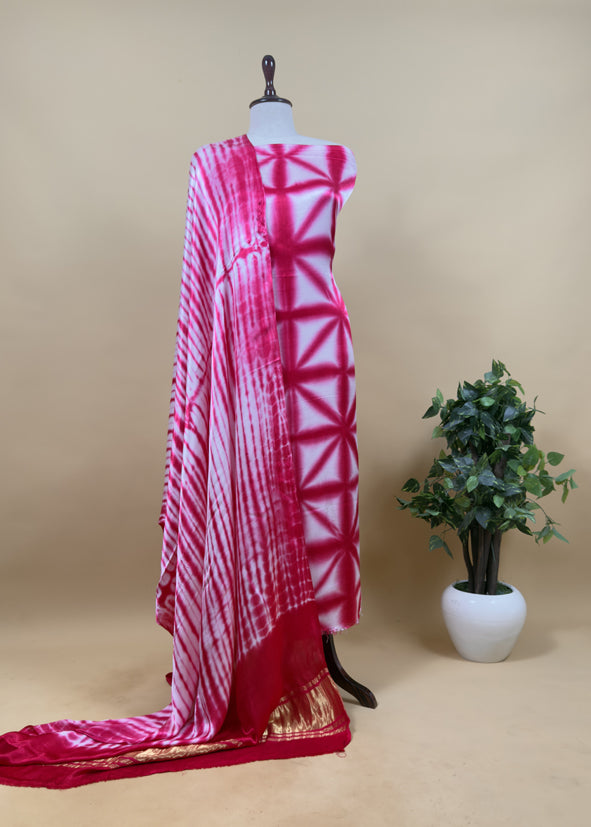 Brown Hand-Dyed Shibori Print Pure Gajji Silk Suit With Zari Border