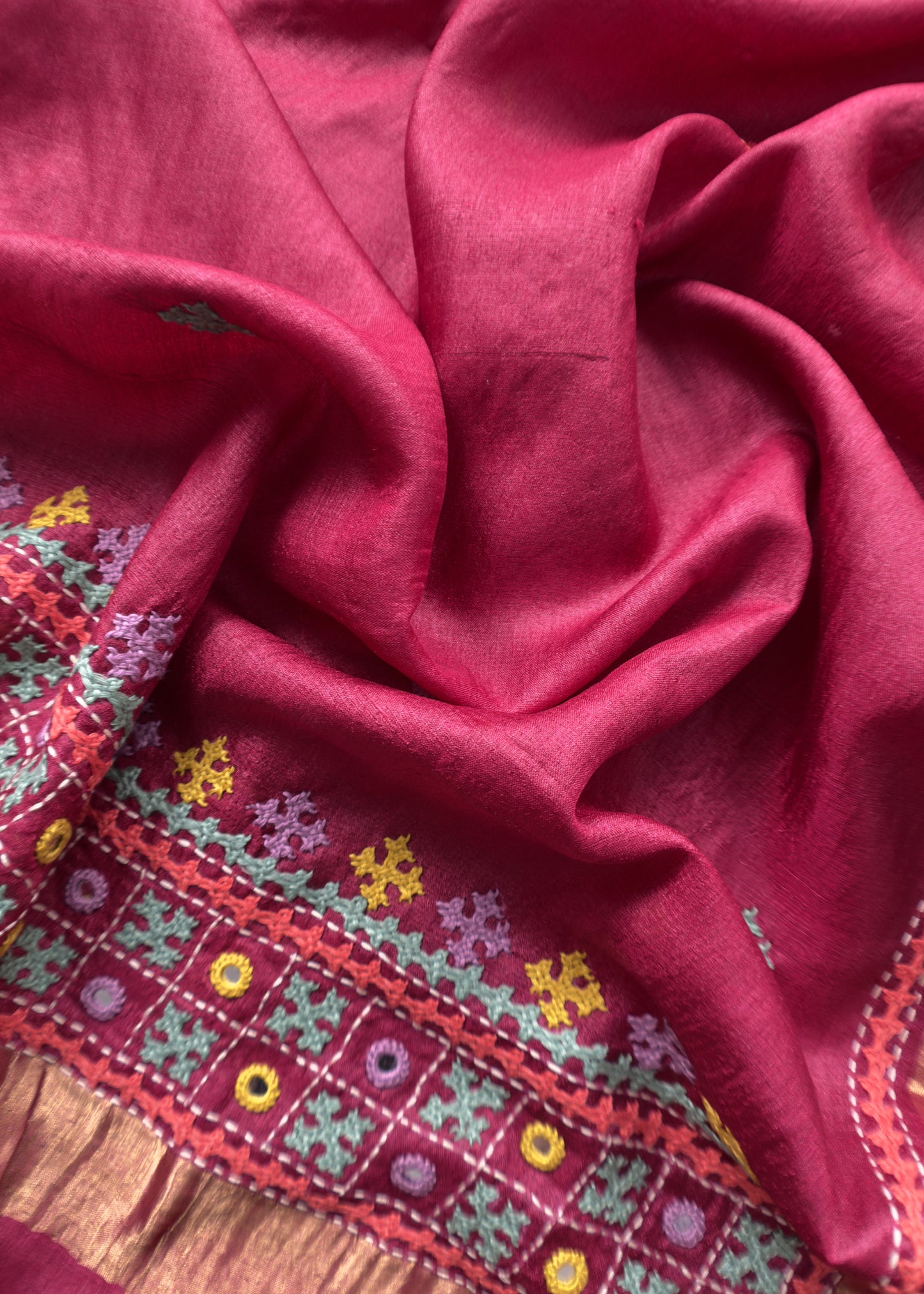 Kalasheel Luxe Red Handloom Tussar Suit With Kutch Embroidery