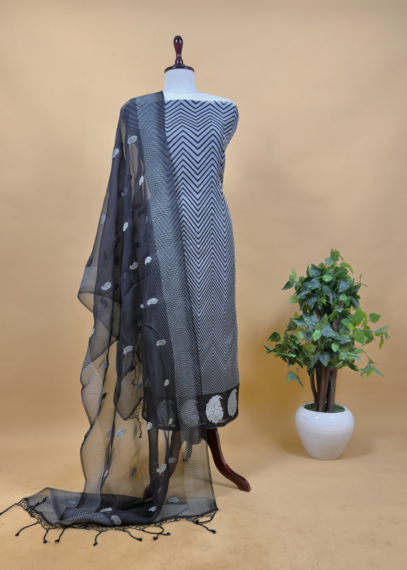 Black And White Embroidered Unstitched Suit In Handloom Organza Silk